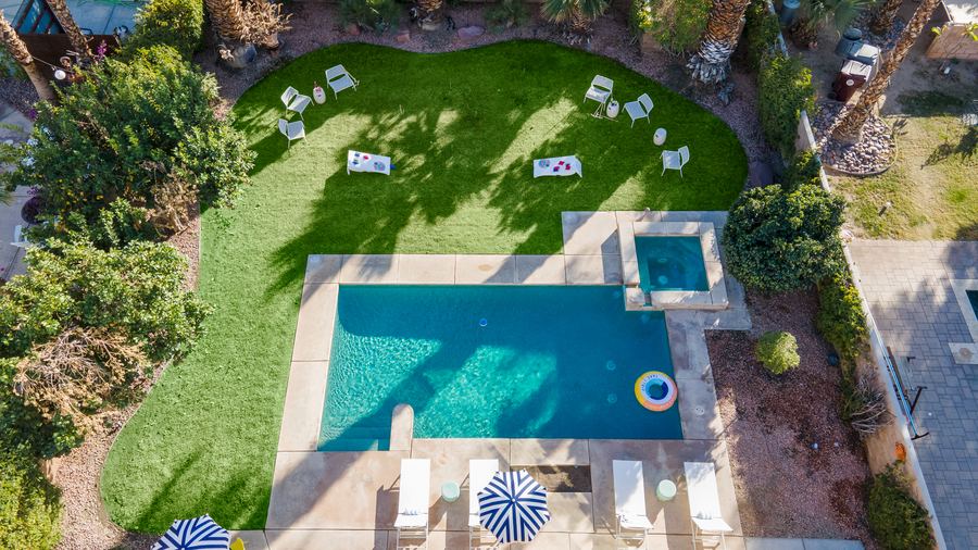 Aerial view of pool and lawn
